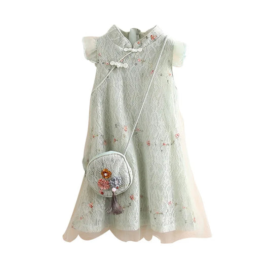 Summer 3 4 5 6 7 8 9 10 11 12 Years Fly Sleeve Lace Cheongsam Dresses With Bag For Kids Girls
