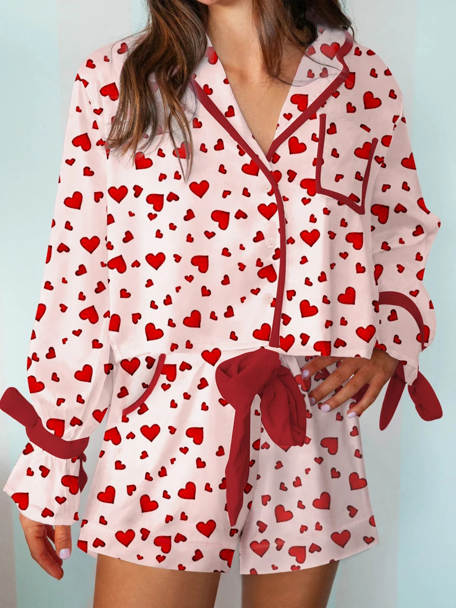 Women s Valentine s Day Lounge Set Long Sleeve Heart Print Shirt Drawstring Shorts Sleepwear