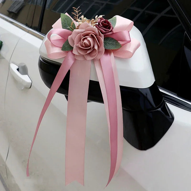1PC Wedding Car Rearview Mirror Decoration Flower Door Handle Bow Decoration Retro Simulation Flower Wedding Chair Back Flower