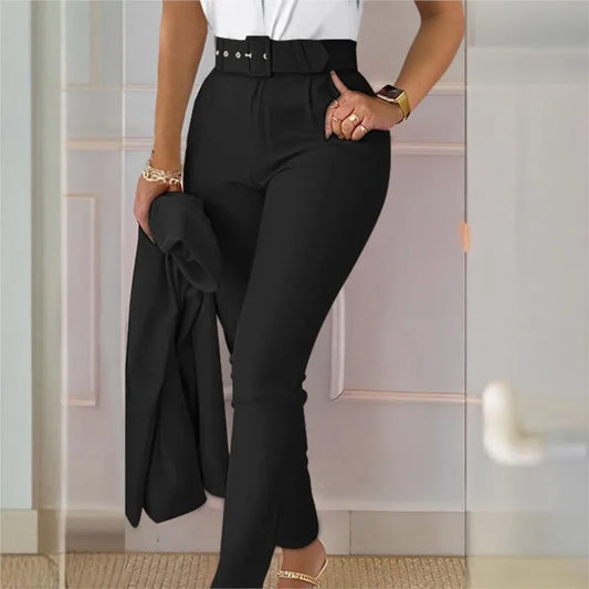 Elegant Women's Two Piece Set Suit Autumn Summer Fashion Print Hollow Out Sleeveless Tops Black Petite Pants Two-piece Set Women