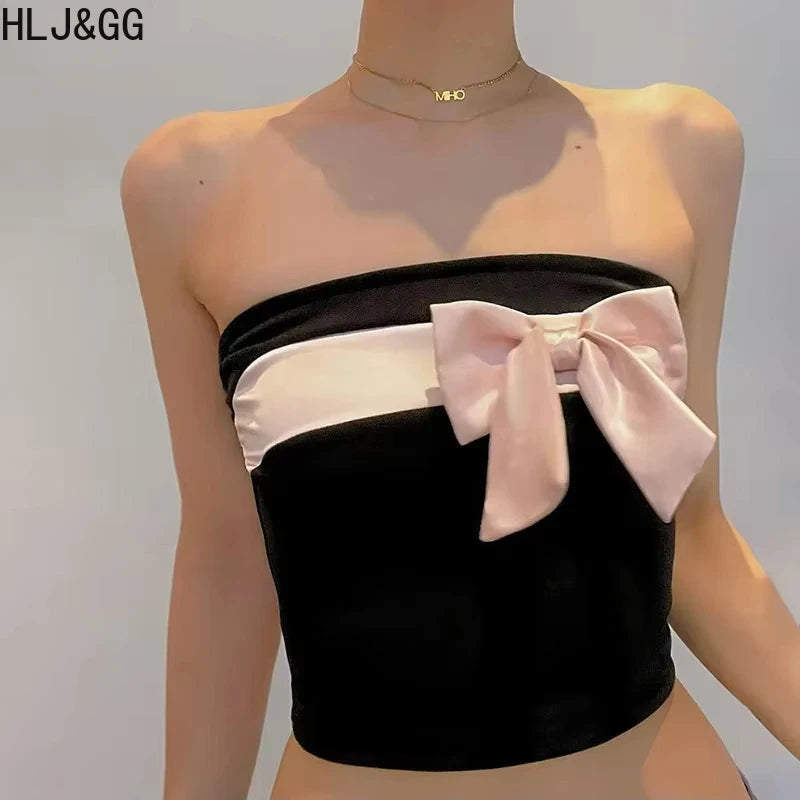 HLJ&GG Y2K Pink Fashion Bow Design Two Piece Sets For Women Sleeveless Backless Slim Tube + Mini Skirts Outfits Female Clothing