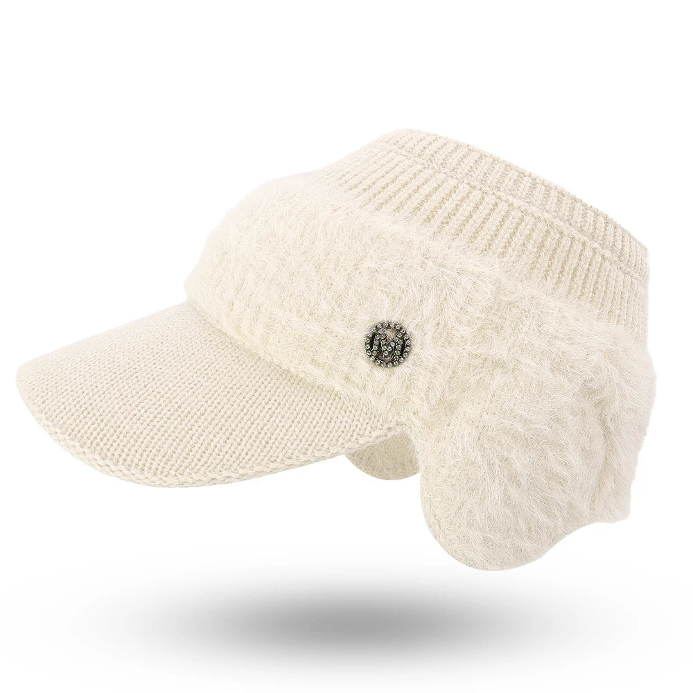 Autumn Winter Hollow Top Knitted Woolen Bomber Hat Ear Protection Thickened Warm Women's Fashion Baseball Hat Knitted Woolen Cap