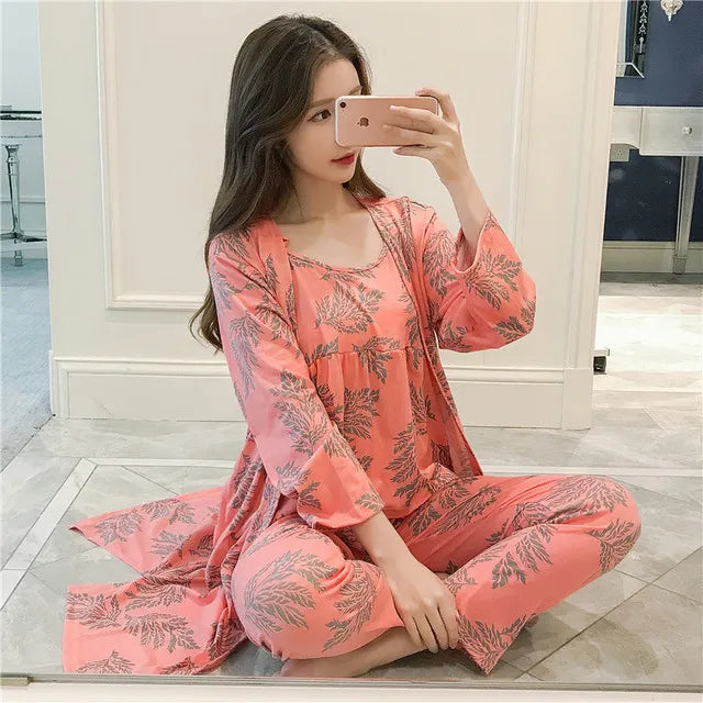 3 Pieces Women Japan Kimono Pajamas Cotton Sleepwear Pijama Soft Home Clothing Floral Printing Sleep Lounge Pyjama Pyjamas Set