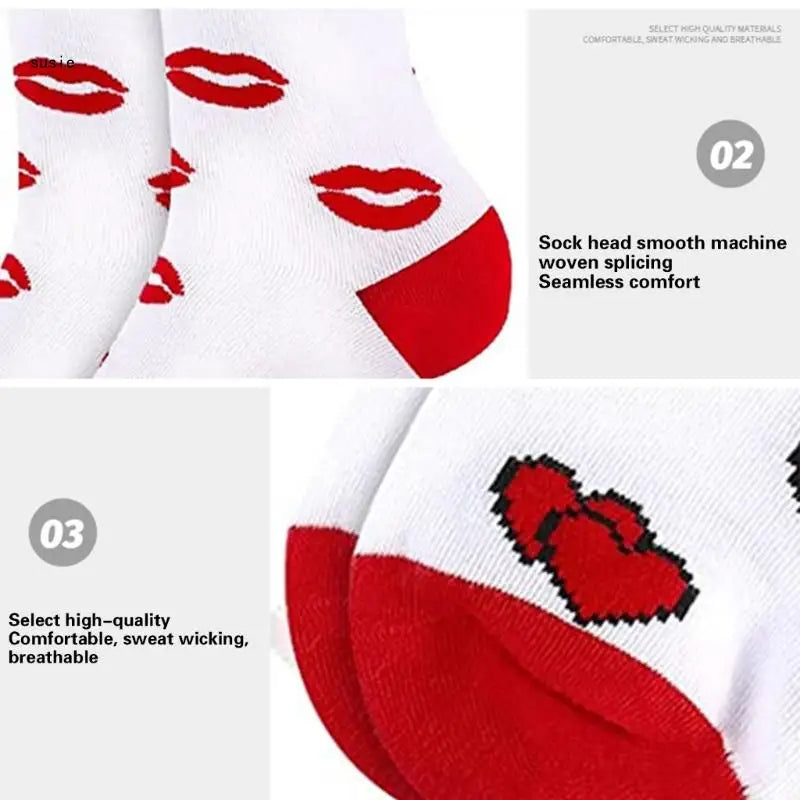 Cotton Middle Calf Socks for Him and Her Heart Lips Pattern for Valentines Day X7YA