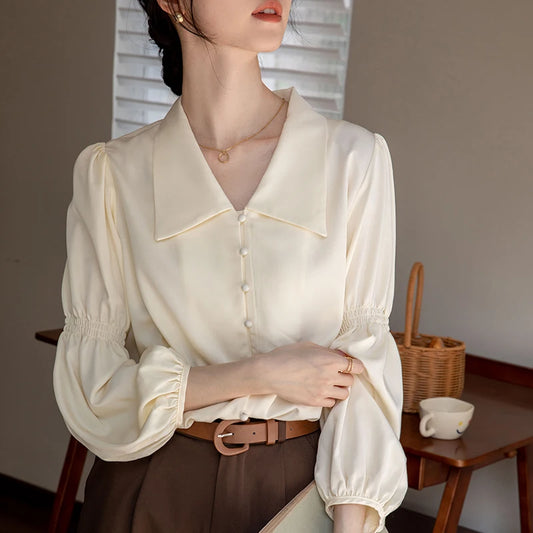 Elegant Lapel Lantern Sleeve Shirt Women's Clothing 2023 Autumn New Loose Casual Tops Loose Office Lady Blouse