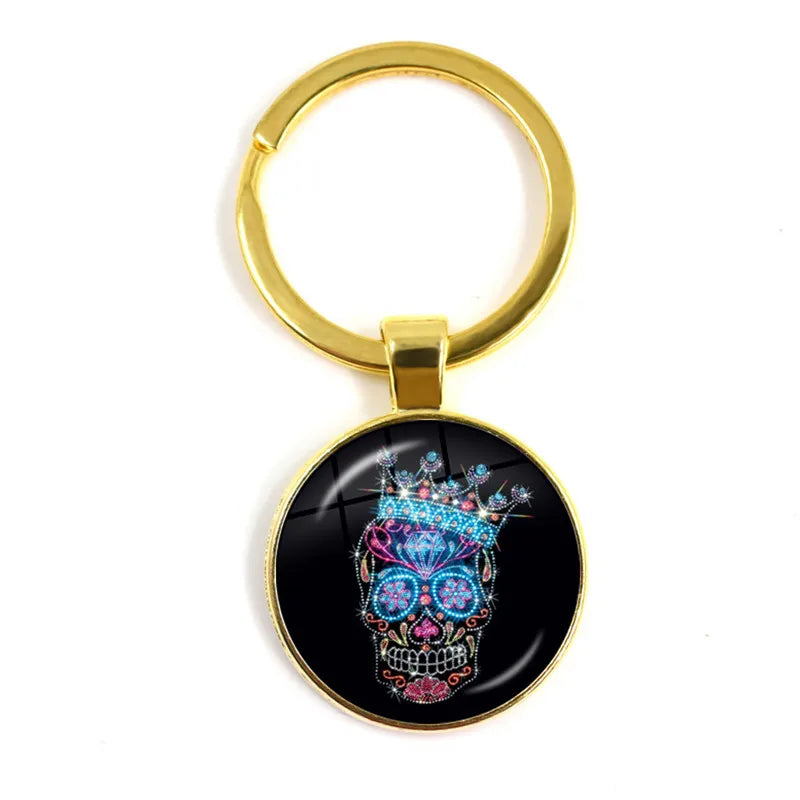 Fashion Colorful Sugar Skull Keychain Mexico Folk Art Patterns Glass Pendant Key Chain Jewelry Holiday Gift