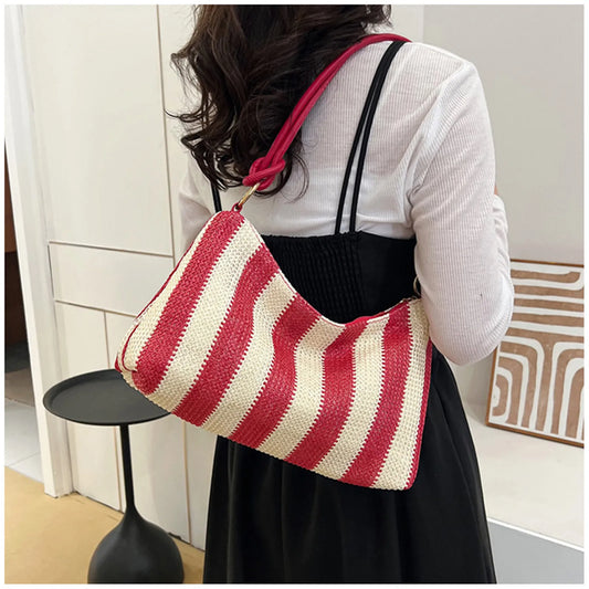 Straw Bags For Women Summer Fashion Striped Shoulder Bag Trendy Straw Purses And Handbags Ladies Beach Holiday Shopping Bags