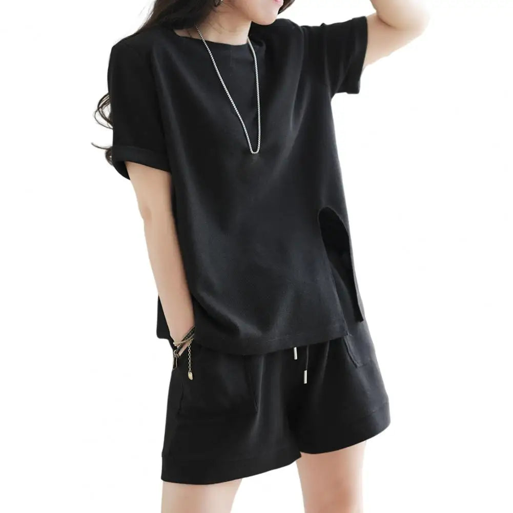 Fashion Sports Shorts Lint Free Dress-up Non-Fading Women Loose Shirt with Shorts Two-piece Suit Short Sleeve Wide Leg