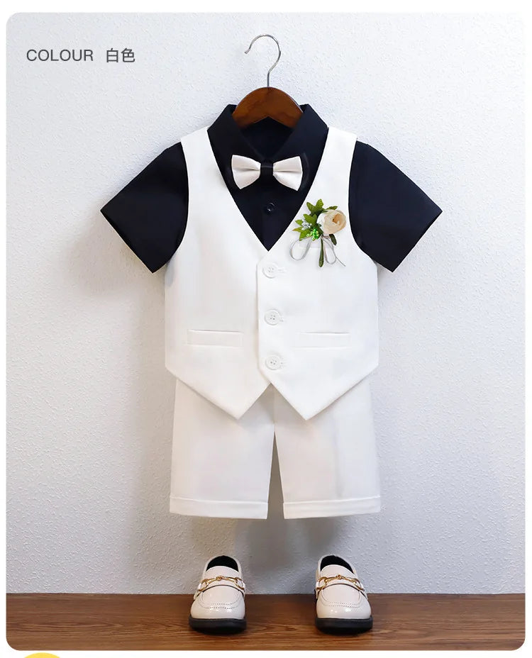 Kids Cool Vest Shirt Shorts Bowtie Ceremony Costume Boys Silm Fit Wedding Dress Chilren's Host Performance Costome