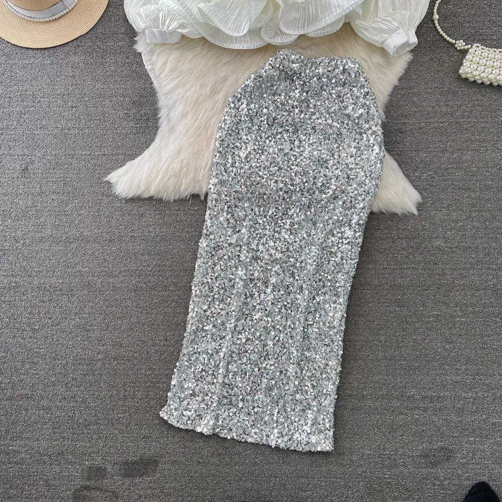Fashion Blouse Skirts Set Women's Lantern Long Sleeve V-neck Ruffles Shirt High Waist Sequin Half Skirt for Party 2025 New
