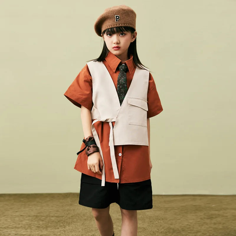 Children Clothes Girls Boys Summer New Lapel Shirt White Vest Black Elastic Waist Shorts 3pcs Jazz Dance Outfit Performance Wear