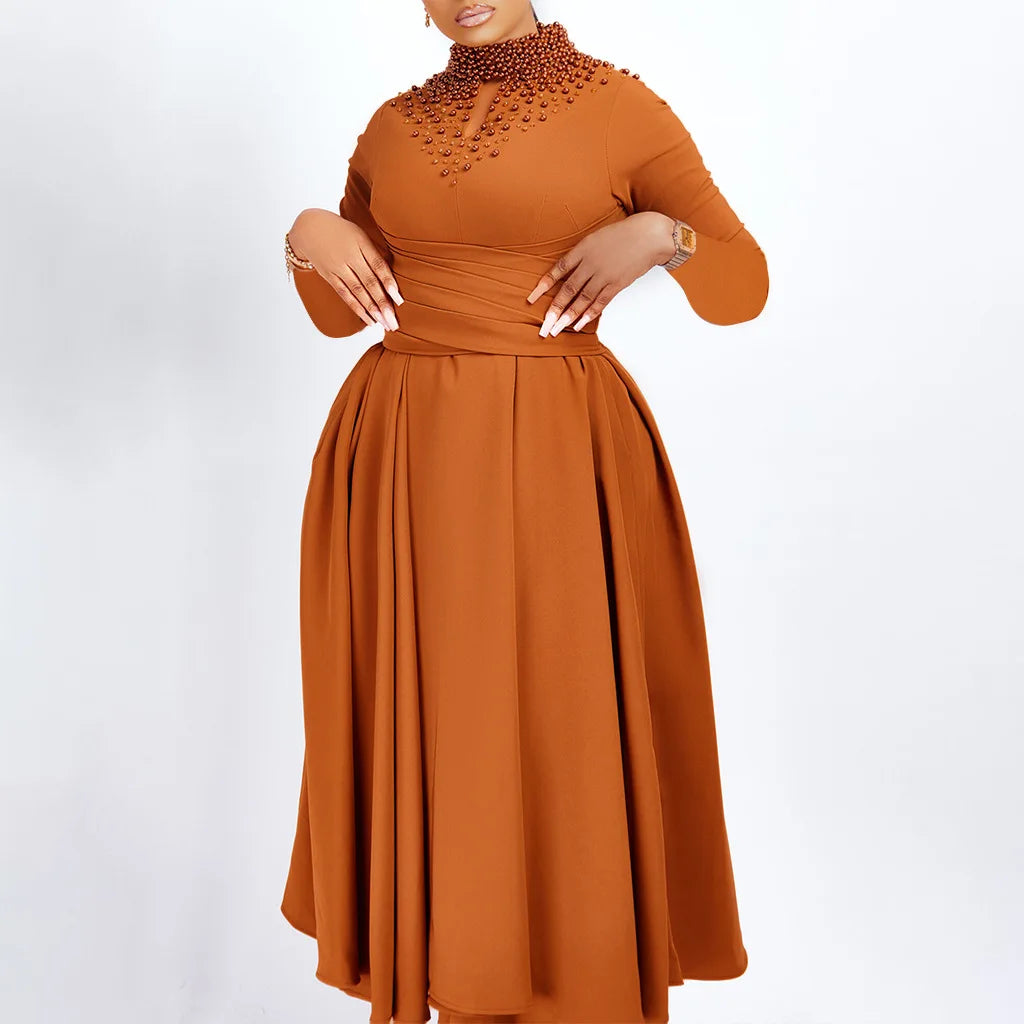 FairyShely 2025 Solid Long Sleeve Plus Size Long Dress Women Hollow Large Big Dresses Lady Cross Push Up Party Tight Curvy Dress