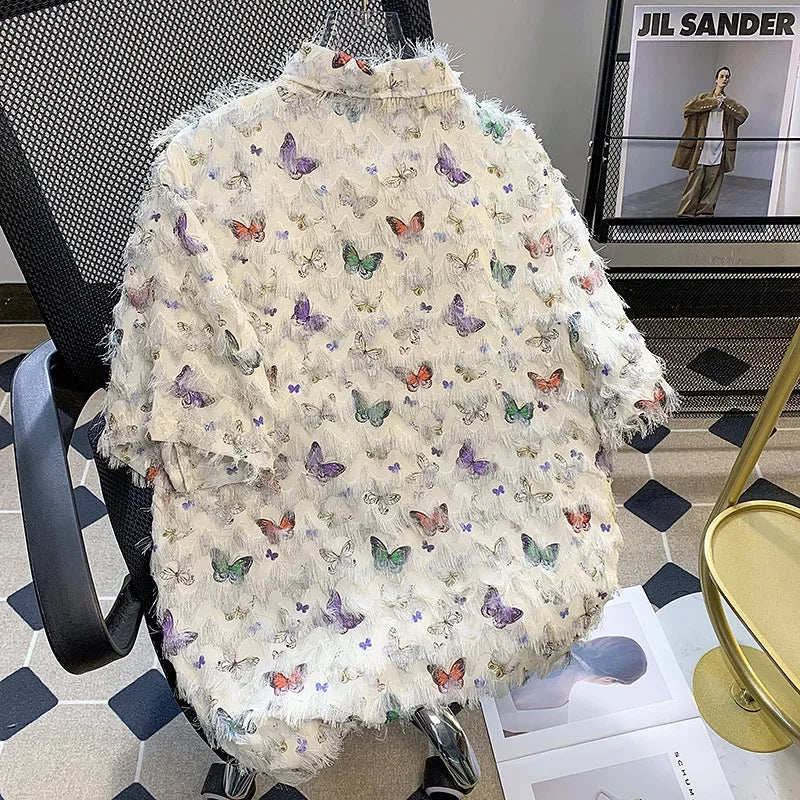 Trendy American Style Butterfly Print Short Sleeve Men's Shirt New Loose Fit Sensible Versatile Couple Casual Shirt mon