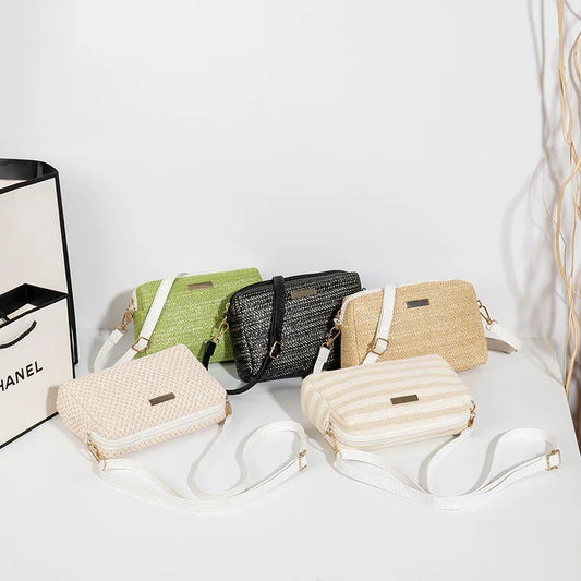 Solid Color Small Straw Crossbody Handbags for Women Lady Mama Shoulder Messenger Bags Bolsa Beach Clutch Purse