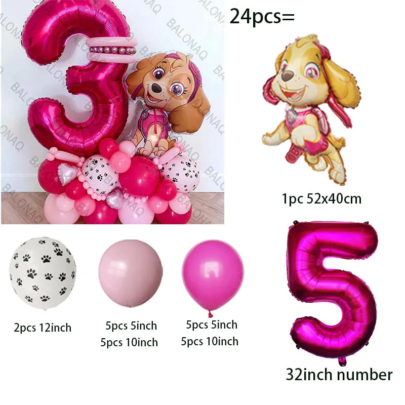 24pcs Pink PAW Patrol Skye Party Balloons Skye Number Foil Balloon Set Baby Shower Girls Birthday Party Decoration Kids Toy Gift
