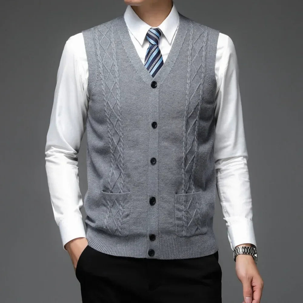 Men's Business Casual Pullover Wear Warm Sleeveless  Velvet Knitted Sweater Vest Tops