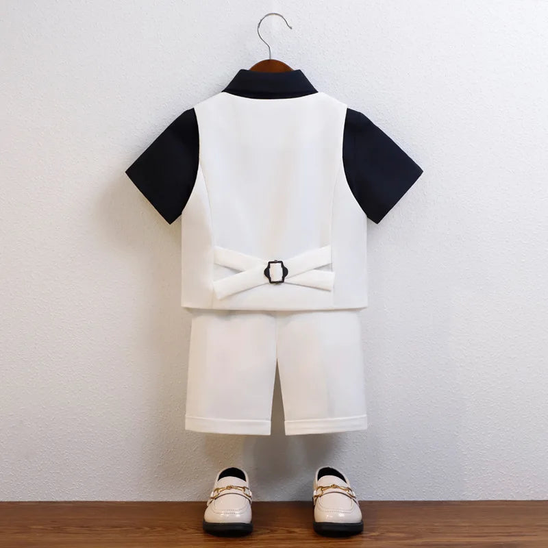 Kids Cool Vest Shirt Shorts Bowtie Ceremony Costume Boys Silm Fit Wedding Dress Chilren's Host Performance Costome