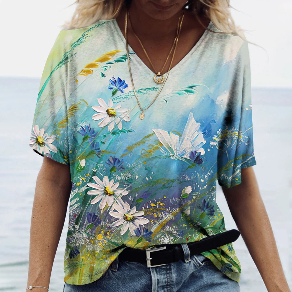 Butterfly Printed Women's T-Shirt clothes 3D V-Neck Cotton Fashion Short Sleeve Tops 2025 Casual Basic Girl's Clothing Harajuku Clothes