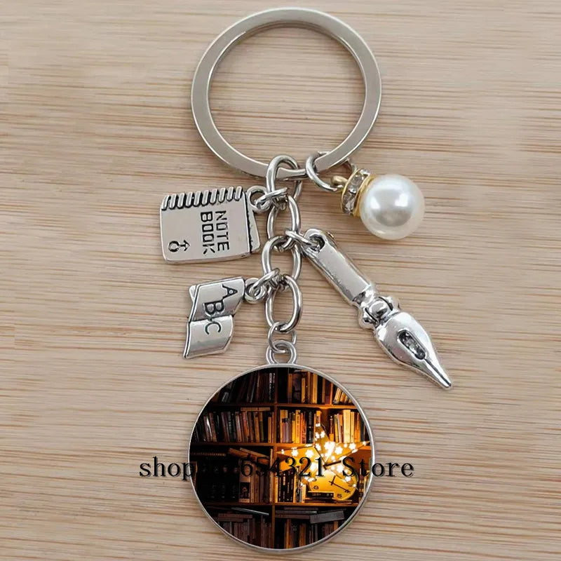 Classic Library Books Keychain Vintage Old Books Key Chain Librarians Key Ring Gift for Nerd Bookworm Writer Teacher