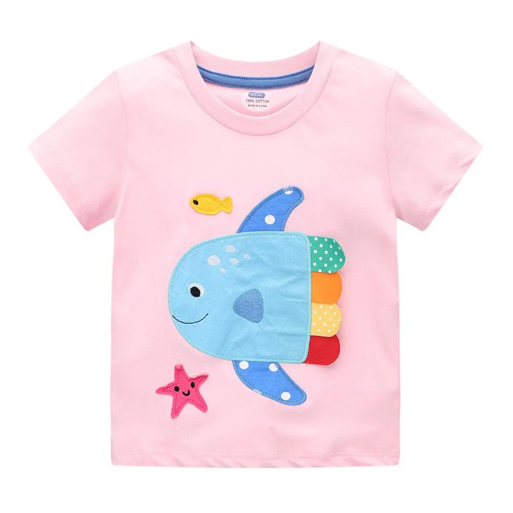 Jumping Meters 2-7T  Animals Embroidery Girls Tees Cotton Summer Toddler Clothes Kids Tops Short Sleeve Baby Children's Tshirts