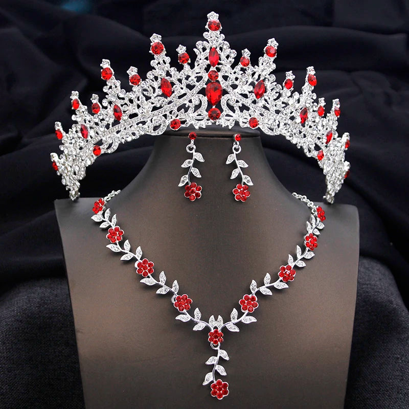 3 pcs Pink Bridal Jewelry Sets for Women Crown Flower Choker Necklace Earring Wedding Tiara Bride Costume Accessories