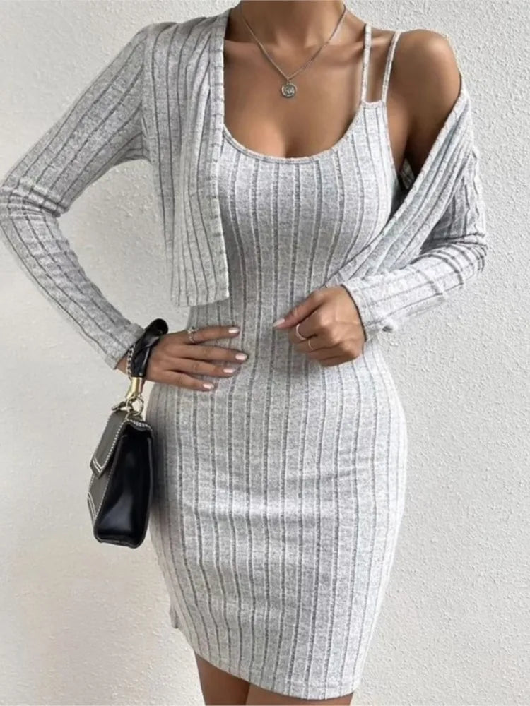 Fashion Women Slim Mini Dress 2 Piece Sets Autumn Ribbed Double Strap Bodycon Sleeveless Vest Dress + Long Sleeve Cardigan Set