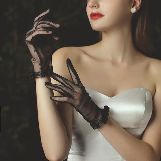 Wedding Gloves Transparent Dot Tulle Fishnet Gloves Black Ivory Wrist Length Bridal Gloves Finger Short Wedding Accessories