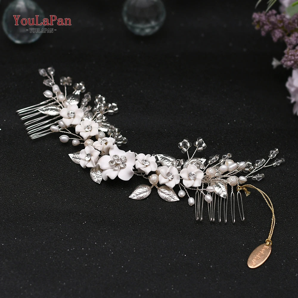 YouLaPan Gold Floral Wedding Hair Comb Bridal Crystal Pearls Headpiece Hair Accessories Bride Jewelry Women Hair Clips HP368