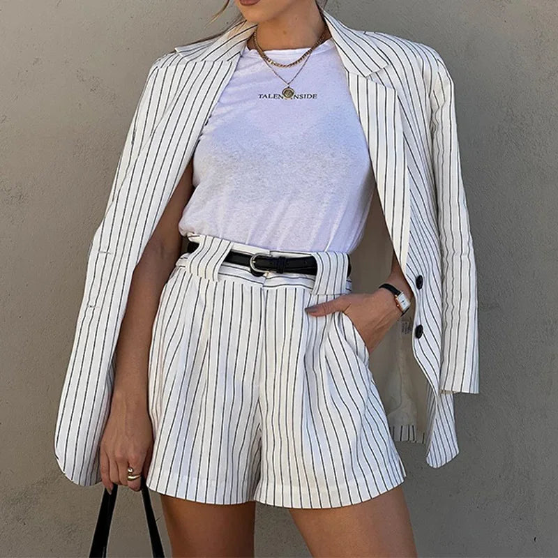 Spring And Autumn New Woman Fashion Striped Long Sleeve Button Pocket Suit Casual Shorts Two Piece Set Conjunto Dos Piezas Mujer