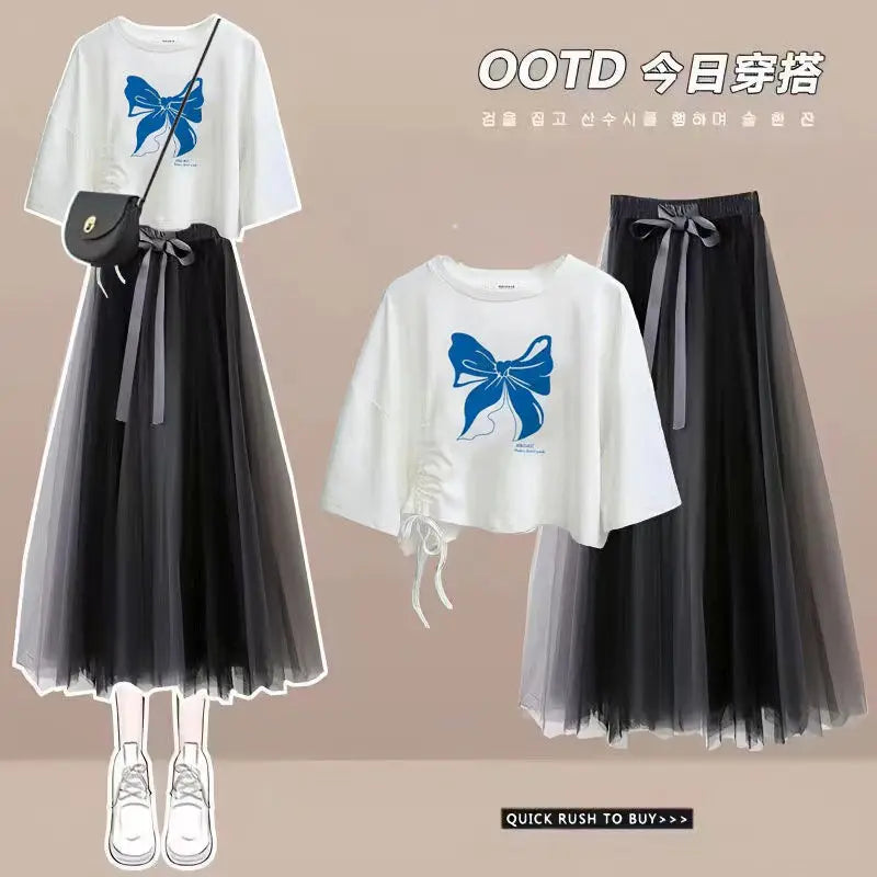 2024 Summer New Korean Elegant Cute Short Sleeved T-shirt+Mesh Midi Skirt Two Piece Suit Women's Loose Top Dress Matching Set