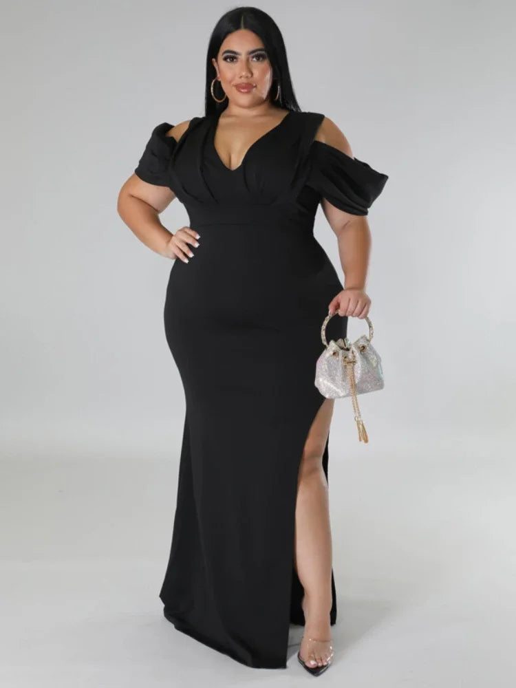 ONTINVA Long Prom Dresses V Neck Cold Shoulder Empire Curvy Lady Evening Birthday Wedding Event Party Gowns Plus Size 4XL 5XL