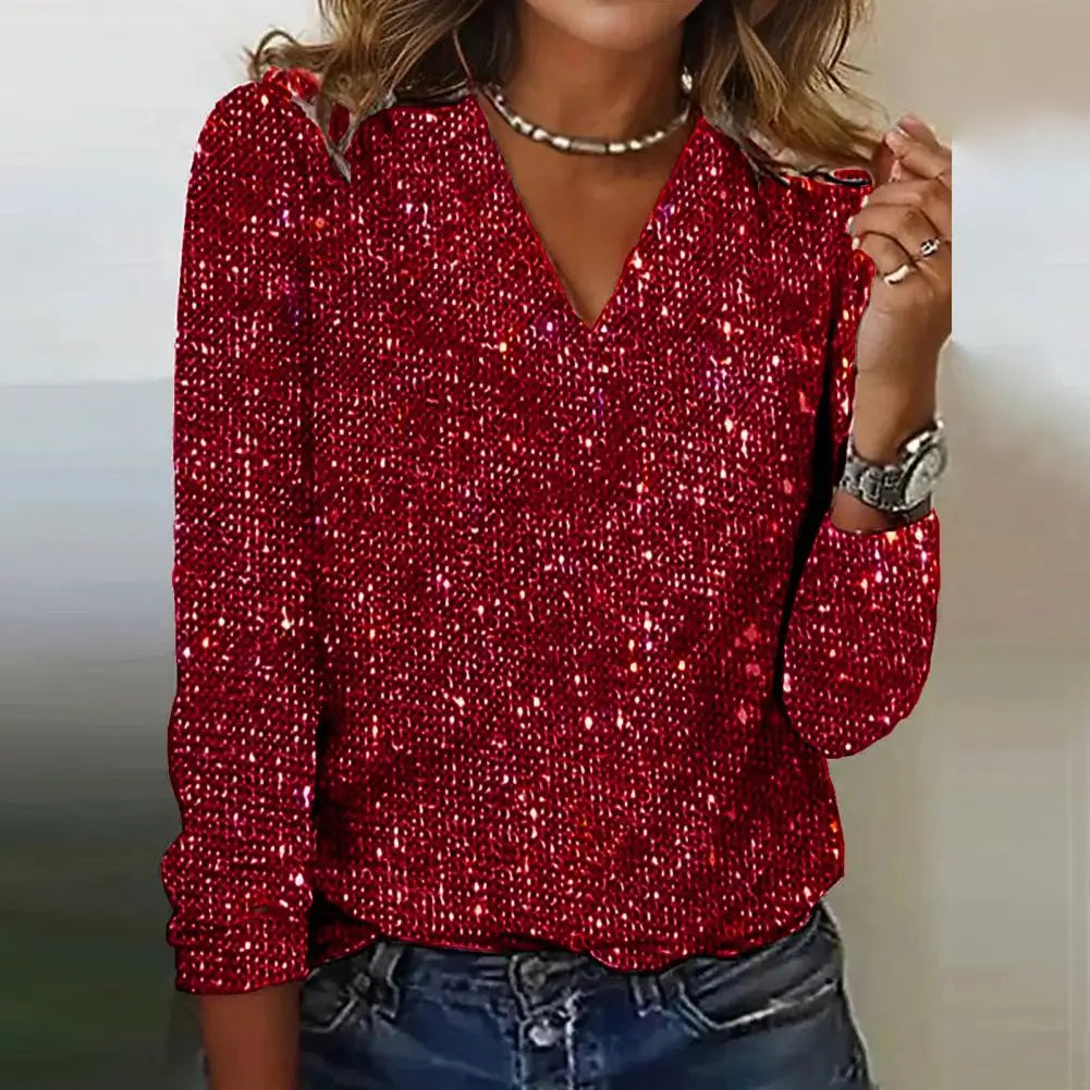 Elegant Women Blouse Sequin V Neck Long Sleeve Blouse Soft Pullover for Women Breathable Commute Club Party Shirt Comfortable