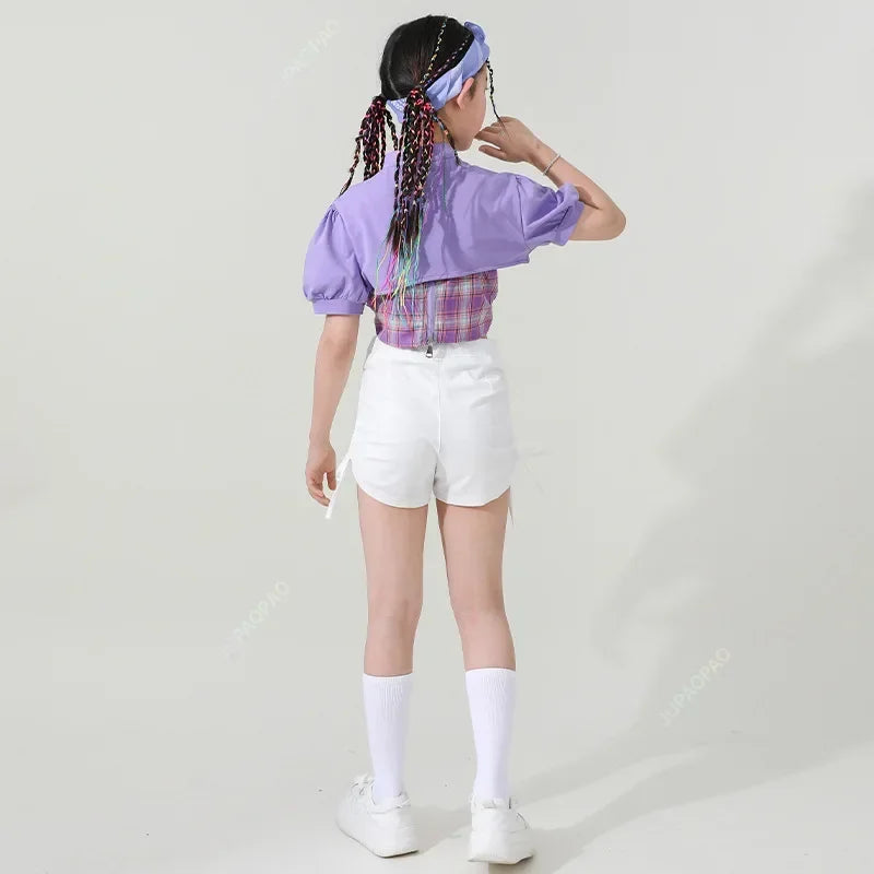 Girls Summer Jazz Dance Costume Plaid Tops Shorts K-pop Clothing Hip Hop Dance Outfit for Children Cheerleading Clothes Kids AB