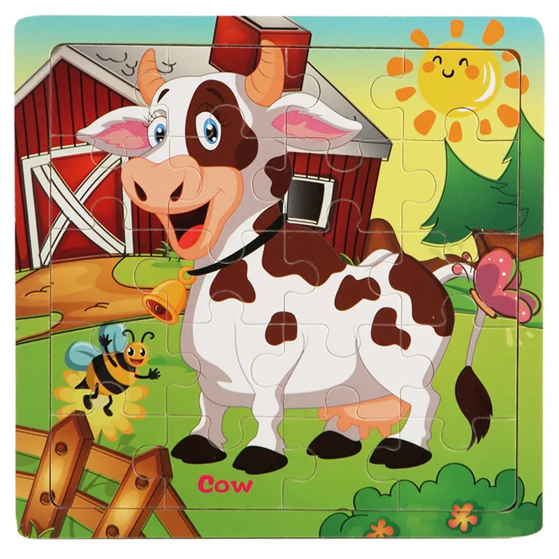 New 20 Piece Wooden 3d Puzzle Cartoon Animal Vehicle Jigsaw Puzzle Montessori Educational Toys For Kids Baby 1 2 3 Years