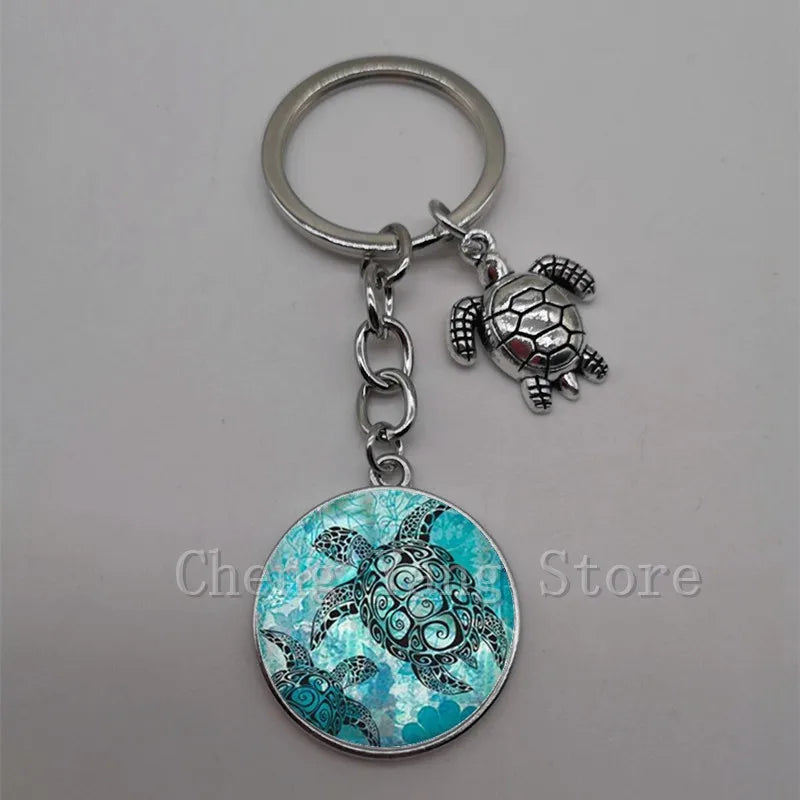 Marine life jewelry turtle dolphin shell keychain key ring glass convex round keychain charm turtle pendant Christmas gift