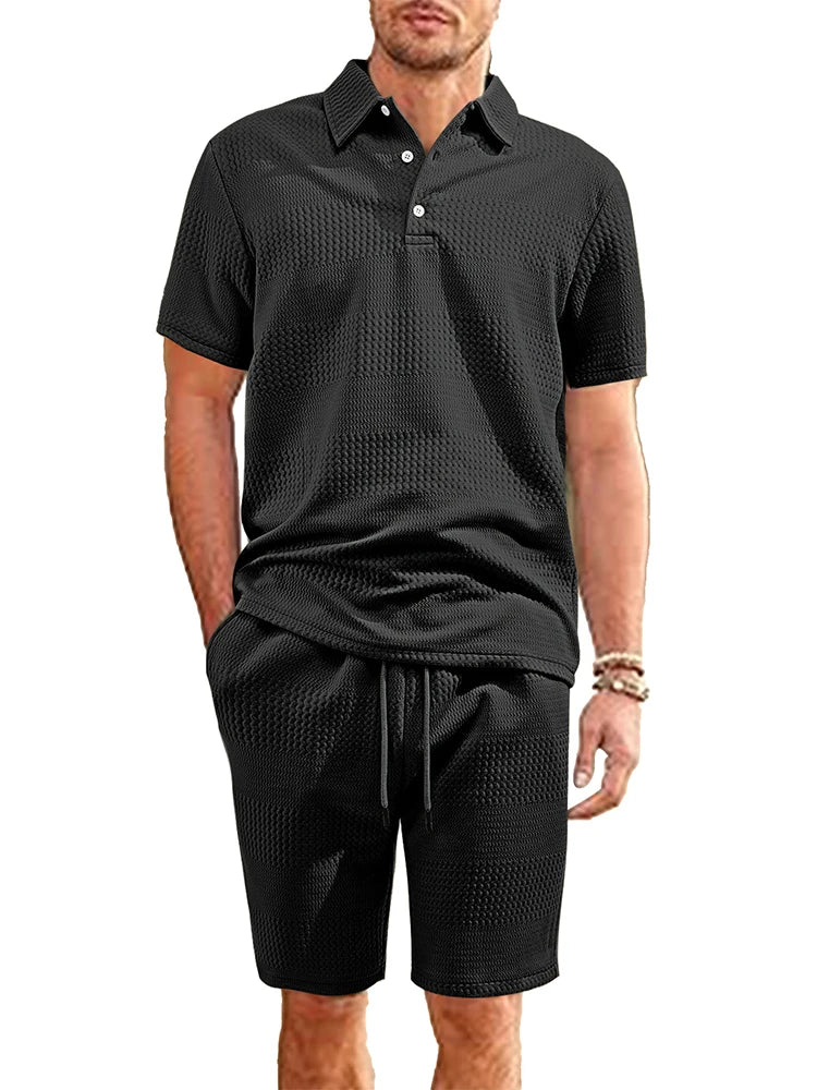 Fashion Textured Jacquard Two Piece Suits For Mens 2025 Summer Casual Solid Color Loose Polo Shirts And Shorts Outfits Men Sets