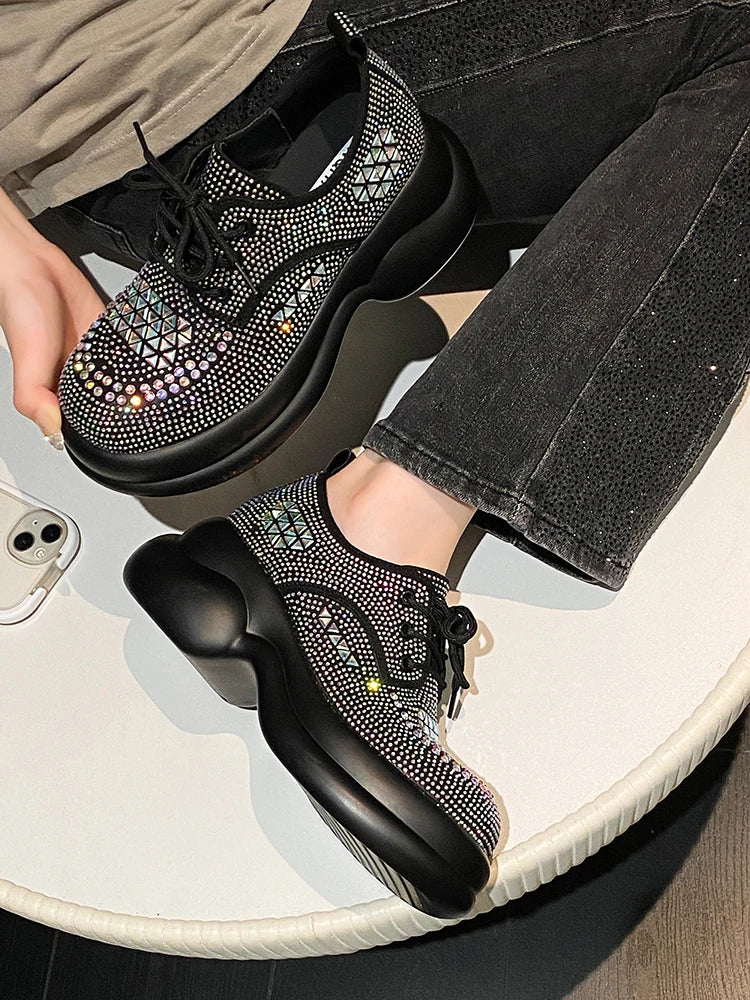 Womens Sneakers Shoes Tennis Female Platform Rhinestone Roses 2023 Trainers Sparkles Casual Fashion Thick Sole PU Crystal Leisur