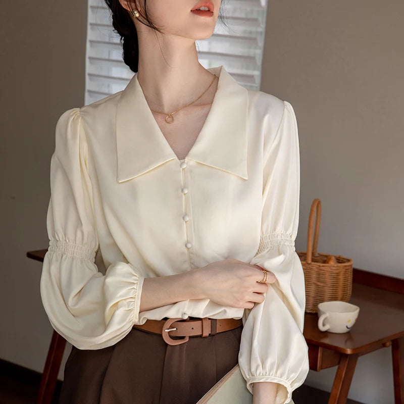 Elegant Lapel Lantern Sleeve Shirt Women's Clothing 2023 Autumn New Loose Casual Tops Loose Office Lady Blouse