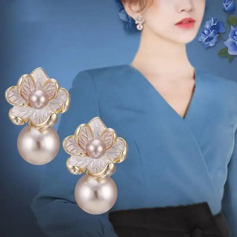 925 Silver Needle Korean Vintage Oil Painting Pearl Flower Earrings For Women Jewelry 2024 Trending New Luxury Women's Earrings