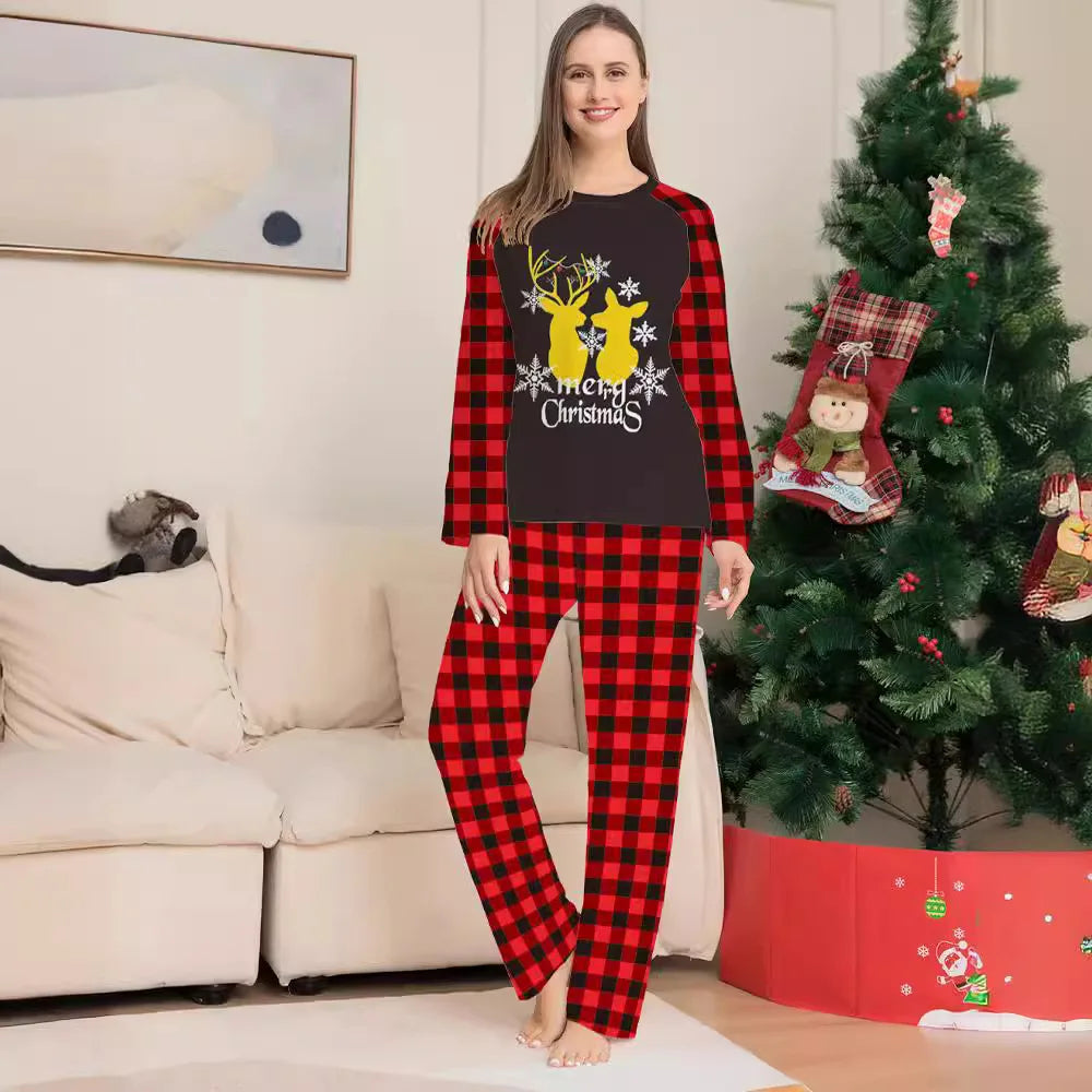 2024 Christmas Family outfit Gold fawn print Christmas family outfit crew-neck plaid Spring/ autumn pajamas set Halloween home