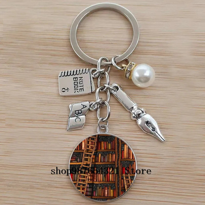 Classic Library Books Keychain Vintage Old Books Key Chain Librarians Key Ring Gift for Nerd Bookworm Writer Teacher