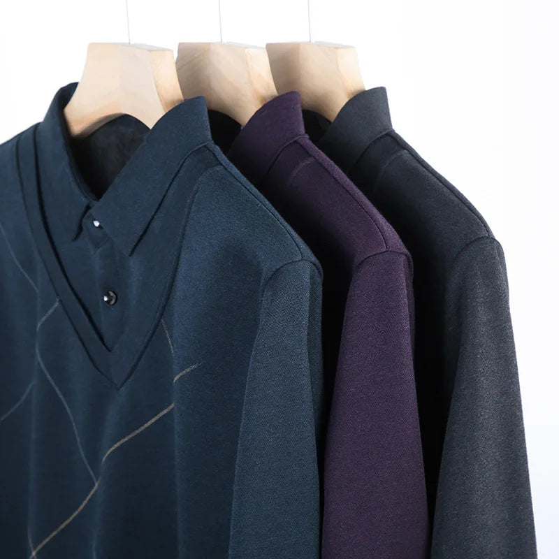 Spring Autumn New Fashion Printing Fake Two Pieces Polo Shirts Men's Clothing Long Sleeve Casual Loose Bottom Layer Shirt Tops