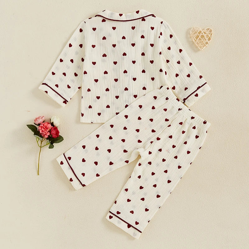 Kids Girls Valentine s Day Pajamas Heart Print Long Sleeves Shirt and Elastic Pants for Loungewear Sleepwear