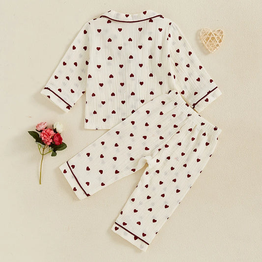 Kids Girls Valentine s Day Pajamas Heart Print Long Sleeves Shirt and Elastic Pants for Loungewear Sleepwear