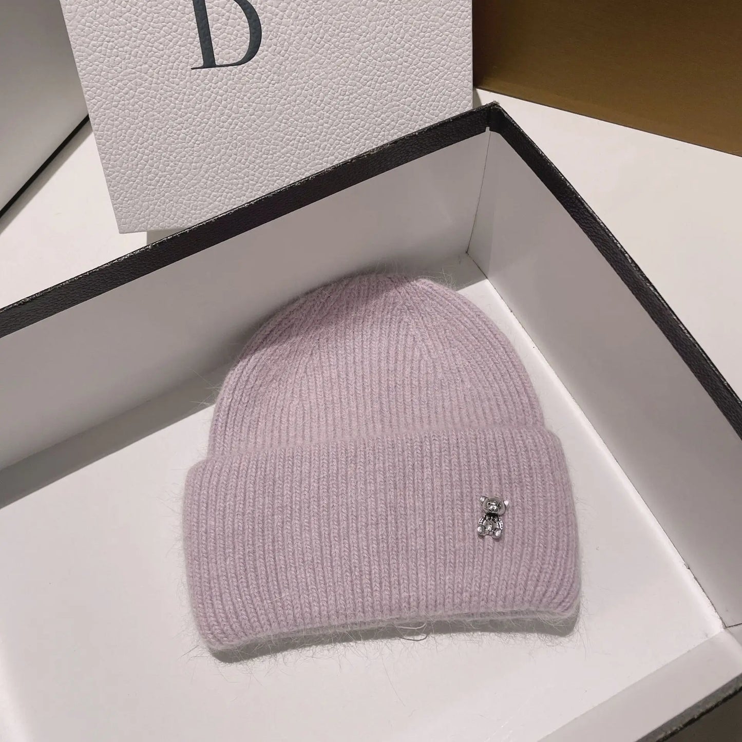 Luxury Cut Bear Real Rabbit Fur Knitted Hats for Women Winter Warm Hat Casual Lady Beanie Walking Bonnet Wool Skullies Caps