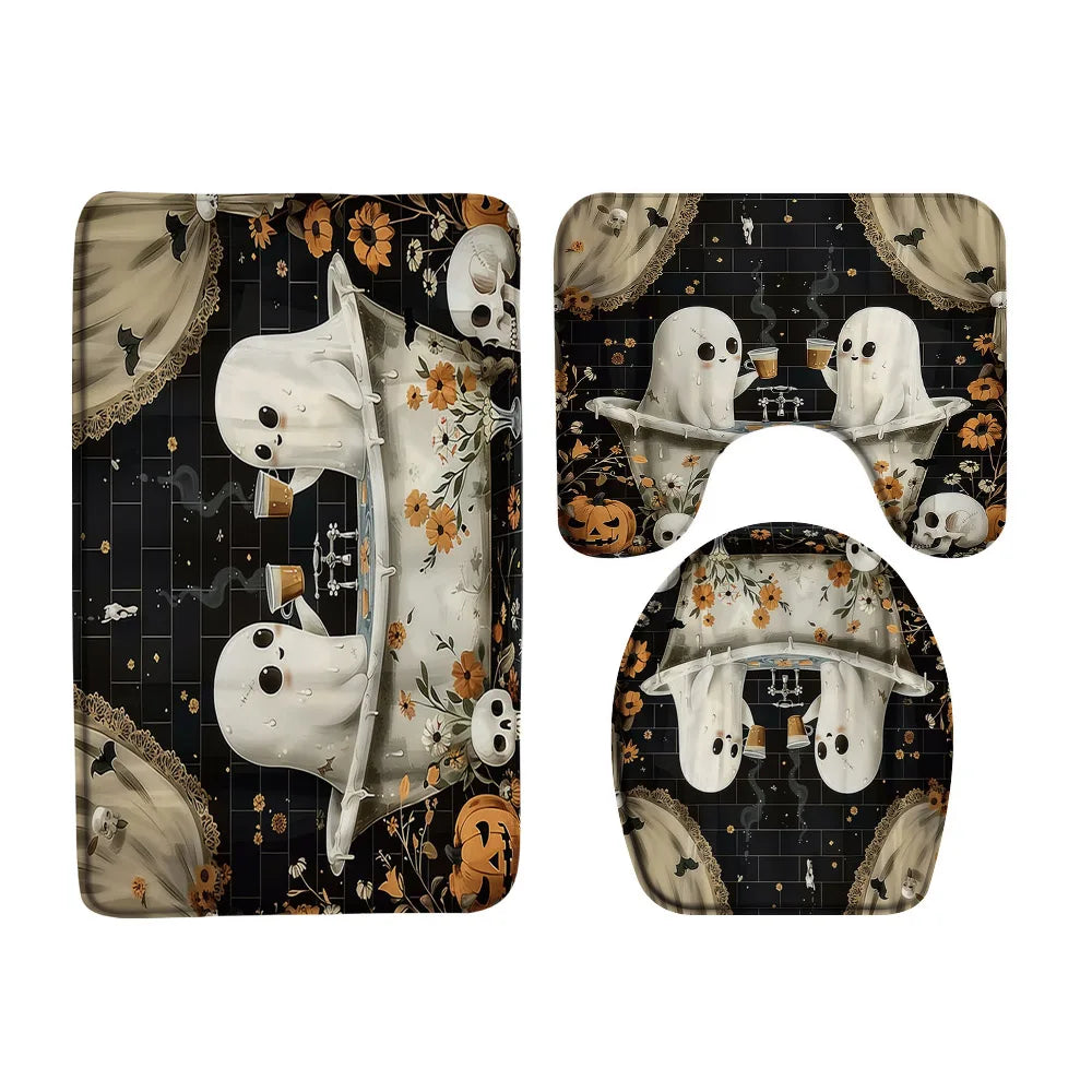 Funny Ghost Shower Curtain Set Halloween Skull Bat Flower Pumpkin Bath Screen Bathroom Mat Non Slip Rug Carpet Toilet Cover Home improvement decortion