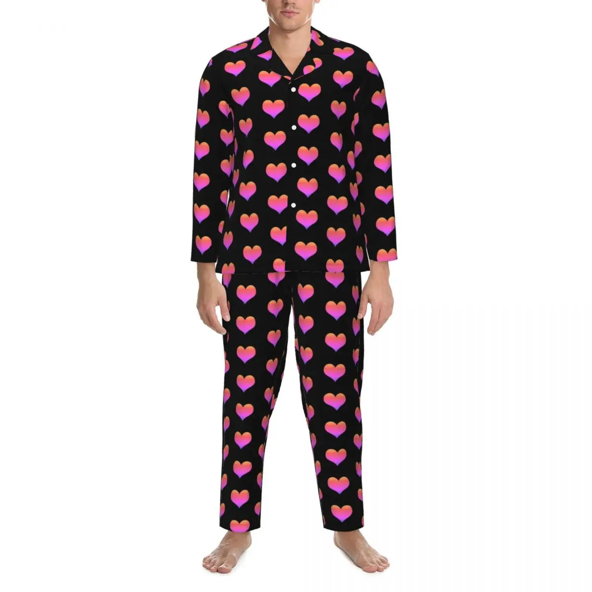 Valentine Hearts Pajama Sets Black and Red Cute Sleepwear Men Long Sleeve Retro Daily Two Piece Nightwear Plus Size