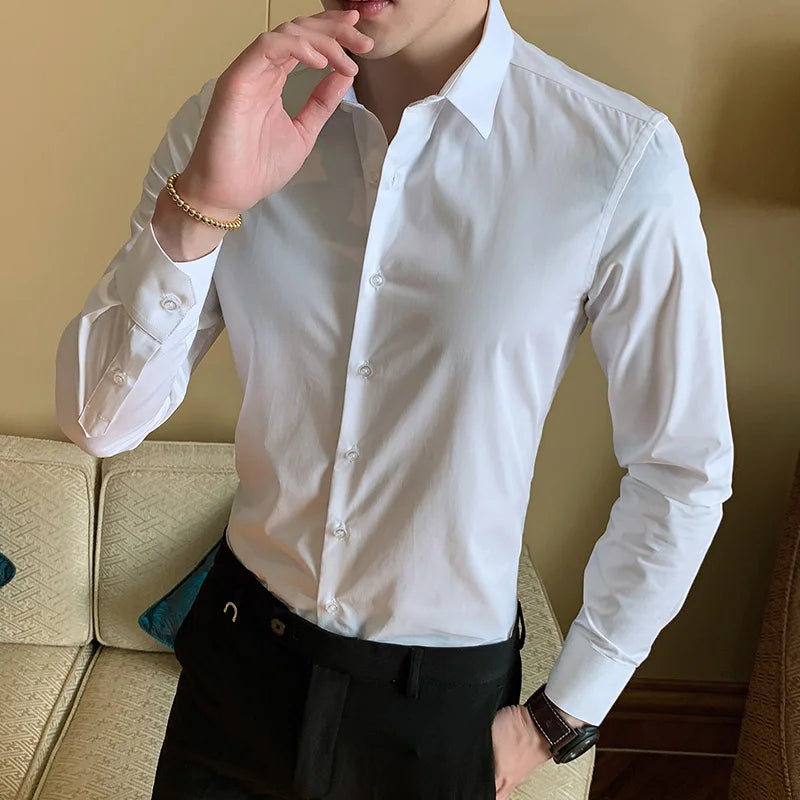 Four Season Non-ironing Regular Fit Business Casual Long Sleeve Shirt Anti-Wrinkle Solid Color Male Social Formal Shirts