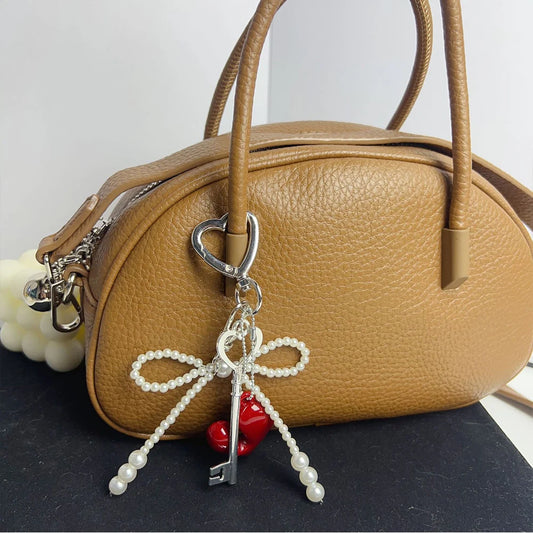 New Fashion Red Love Y2k Keychain Korean Charm Bag Pendant Handmade Beaded Bownot Keyring Vintage Red Metal Hanging Accessories