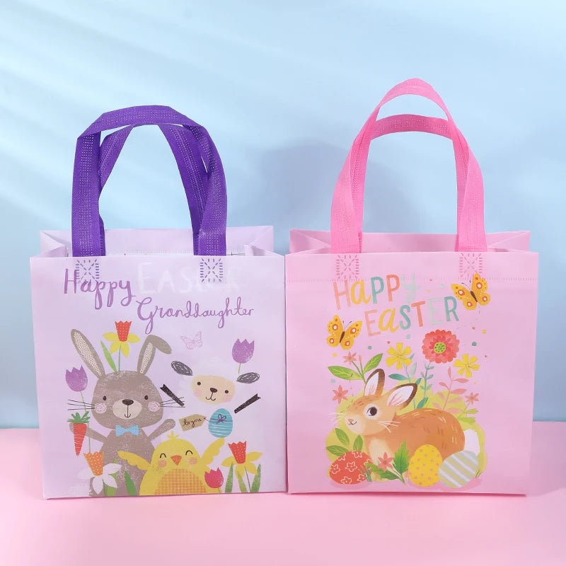 4pcs Easter Waterproof Non-woven Gift Bag Cartoon Egg Bunny Printed Candy Packaging Bag With Handles Happy Easter Party Supplies